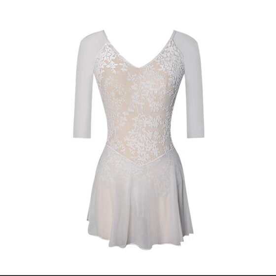 Flocking Rotten Flowers with Skirt Gymnastics Dress Body Dress Air Yoga Dress Ballet Practice Dress 0018q