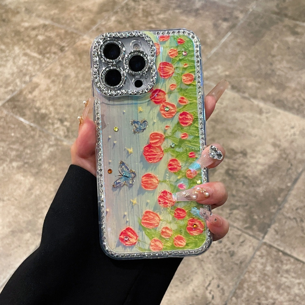 Pintura al óleo estilo ins, tulipanes, flores, mariposas, apple para Apple 15ProMax, flash Diamond iphone16, funda para teléfono móvil 14P