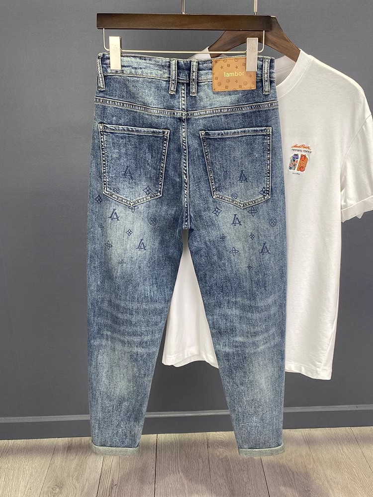 Slim Fit Printed Cropped Jeans For Men Distressed Patched Design_voghion.com