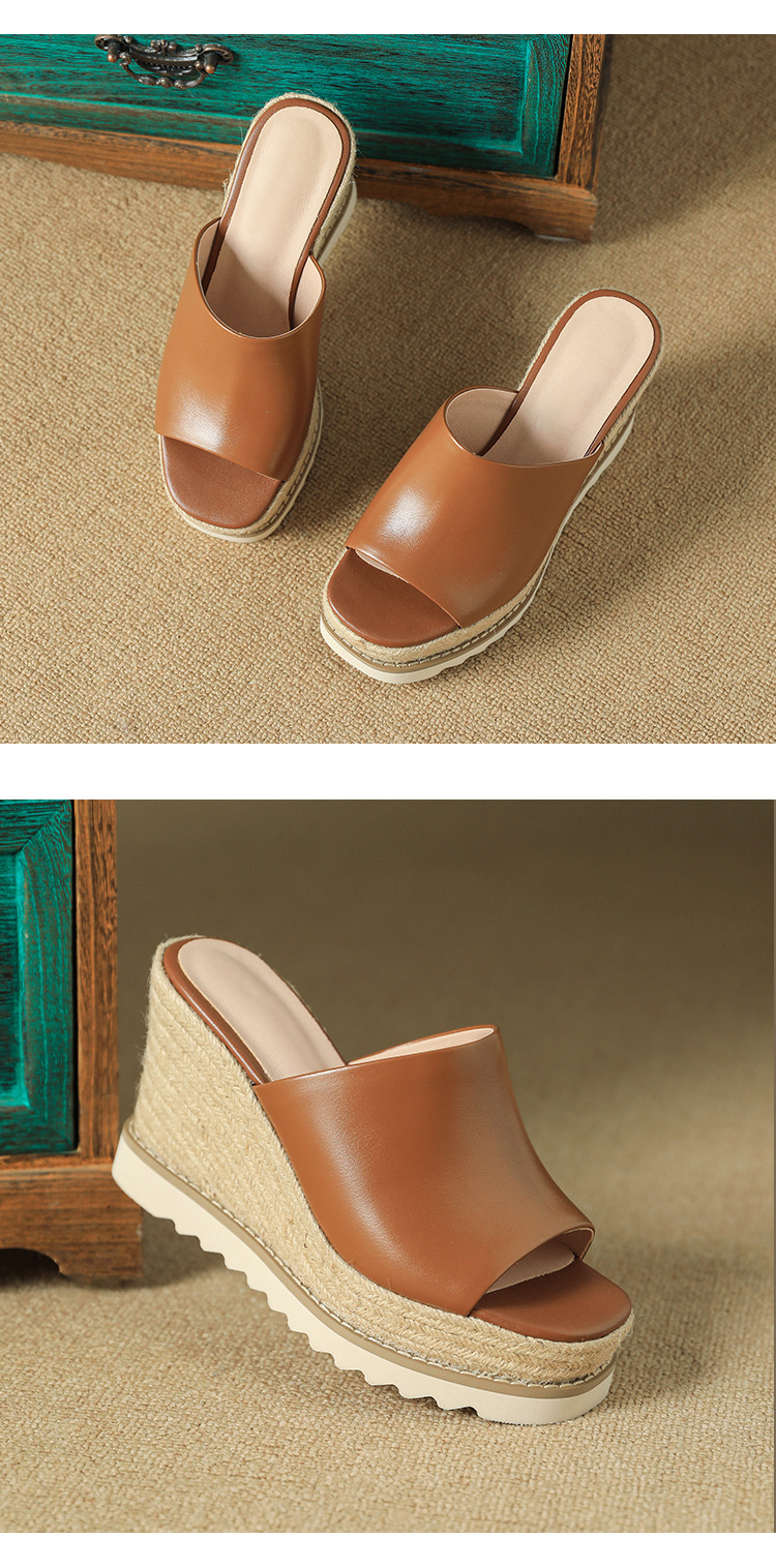Sandal cao gót nữ hở mũi đế xuồng đan rơm phong cách La Mã — màu nâu, màu trắng ngà chi tiết 10