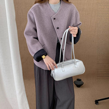 双面羊毛大衣女短款2025秋冬新款撞色圆领宽松韩系风紫色毛呢外套