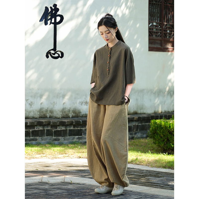 女性用在家服、中国風婦人服、綿麻ボタン付きトップス、禅服、中国風仏教禅無地スーツ|undefined