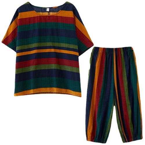 Set of two women's fashionable summer outfits with loose, literary, retro striped short sleeves, stylish and comfortable.
