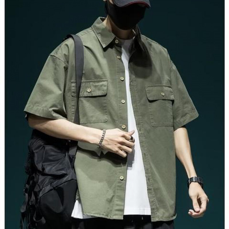 2023 Tooling Short-sleeved Shirt Men's Ruffian Handsome Army Green ins Trendy Brand Japanese Style Street-fried Distinctive Half-sleeved Shirt