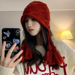 New Year Red Hat Girl Autumn and Winter Warm Knitted Pom-pom Hooded Hat with Ear Protection, Japanese INS Style
