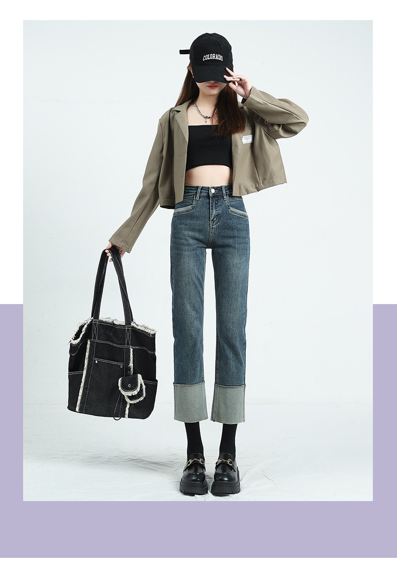 Rolled-up high-waisted straight-leg jeans for women in spring, Korean style, elastic and slimming, making you look petite. Trendy cigarette tube pants pic 9