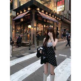 波点蕾丝拼接吊带裙女2025夏季新款黑色字连衣裙显瘦辣妹上衣潮