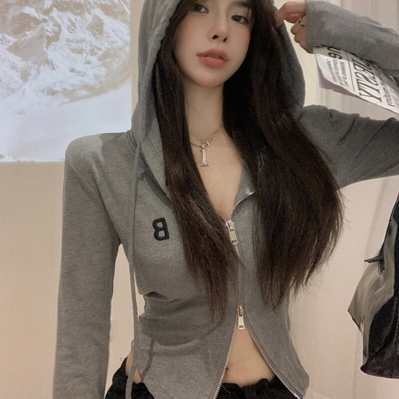 Ins Pure Spice Girl Hooded Short Coat Women's V-Neck Zipper Waist Elegant Tight Slimming Long-Sleeved Cardigan Top Ins Pure Spice Girl Hooded Short Coat Women's V-Neck Zipper Waist Elegant Tight Slimming Long-Sleeved Cardigan Top