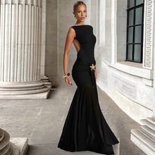 欧美风2025夏季热销新款女装性感网纱拼接露背纯色气质收腰连衣裙