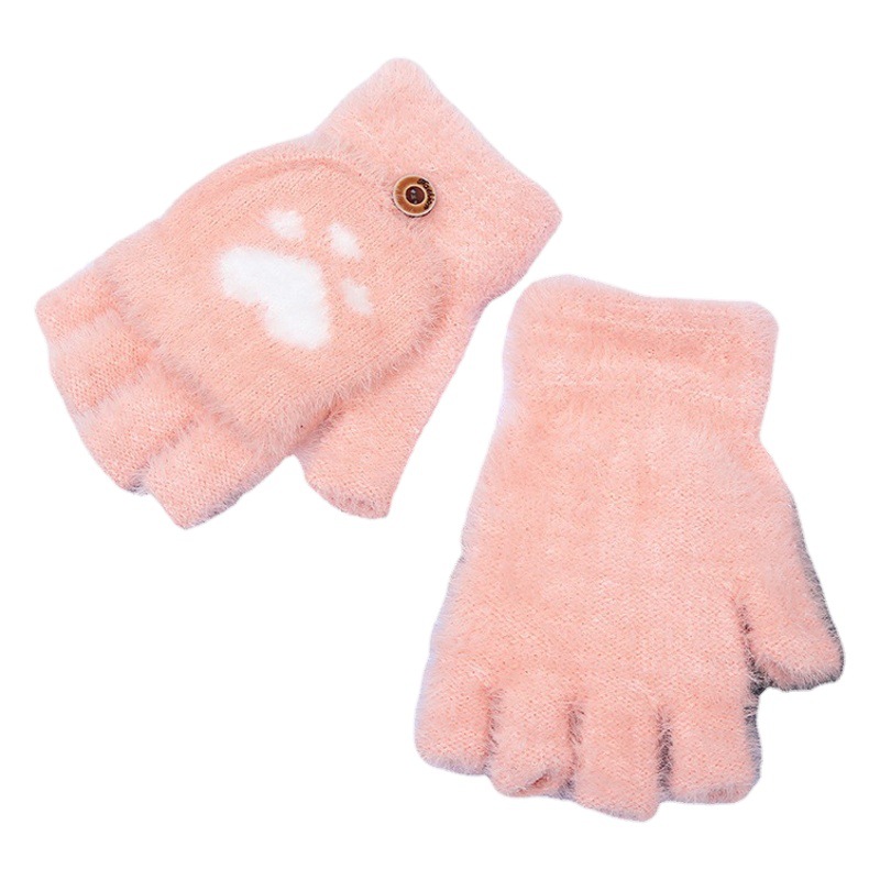 Nuevo Otoño e Invierno estudiante escritura medio dedo Flip guantes de felpa lindo gato garra chica abierta Dedo de piel de visón guantes calientes