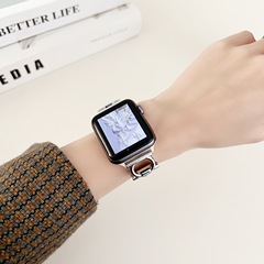 適用於蘋果789代智能手錶腕帶 Apple Watch se O型金屬拼真皮錶帶
