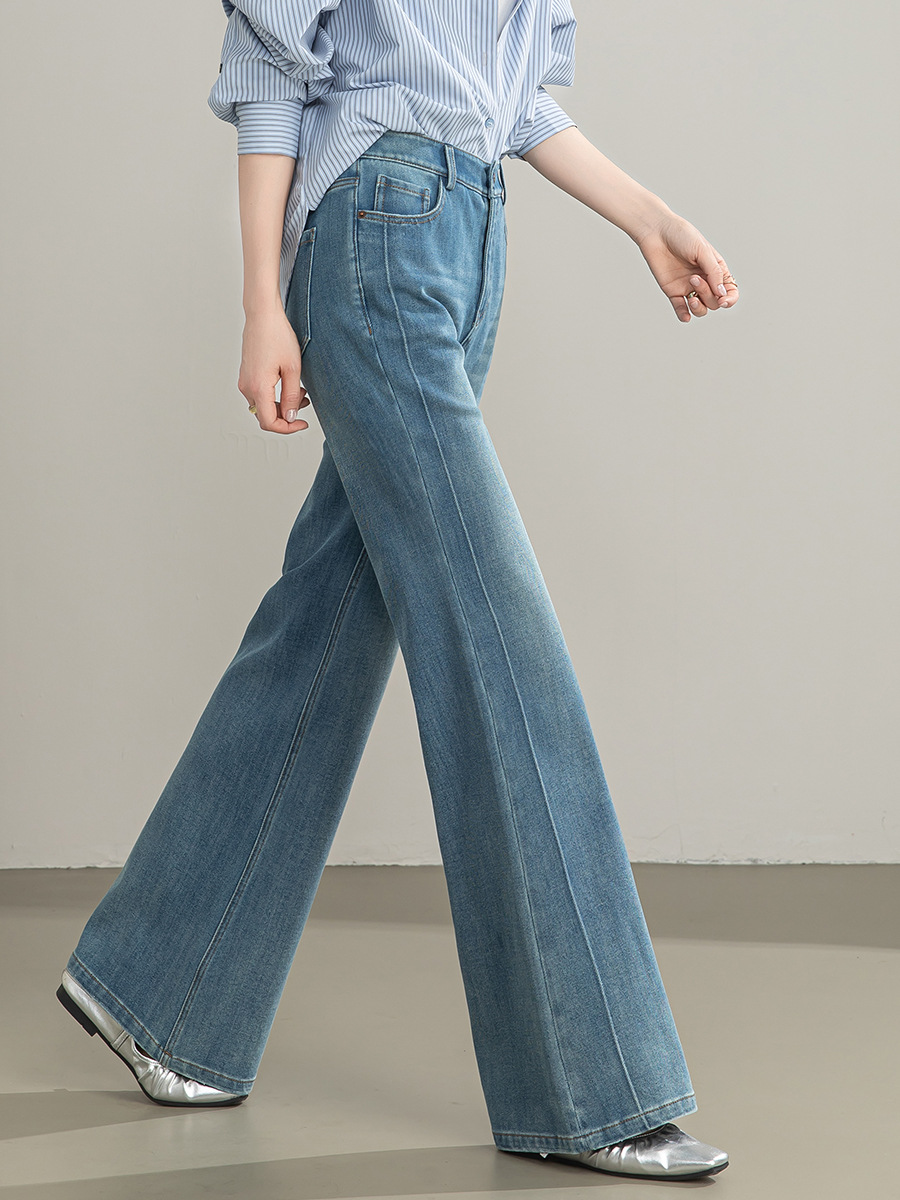 Quần jean nữ cạp cao ống rộng vải Tencel cotton co giãn 4 chiều dáng suông nhẹ — xanh lam