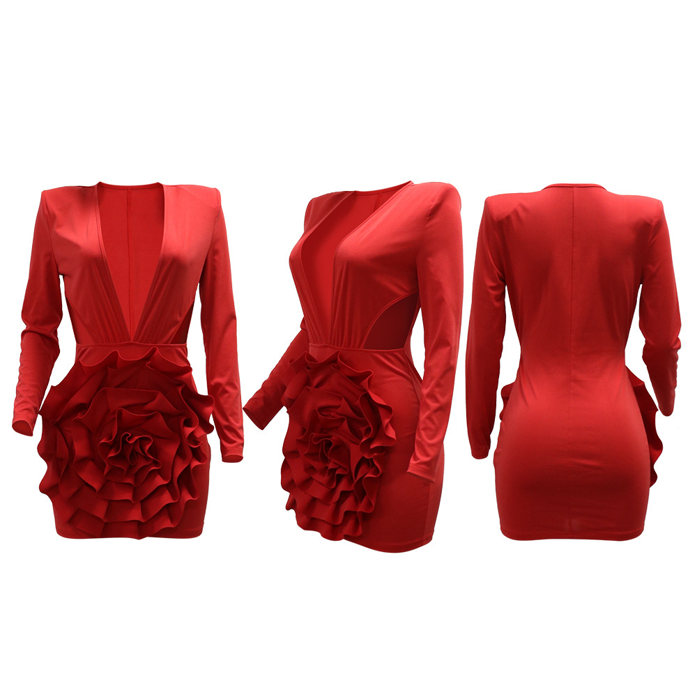 Women Sexy V neck Solid Color Dress Sheath Long Sleeve Short Dress Evening Dress