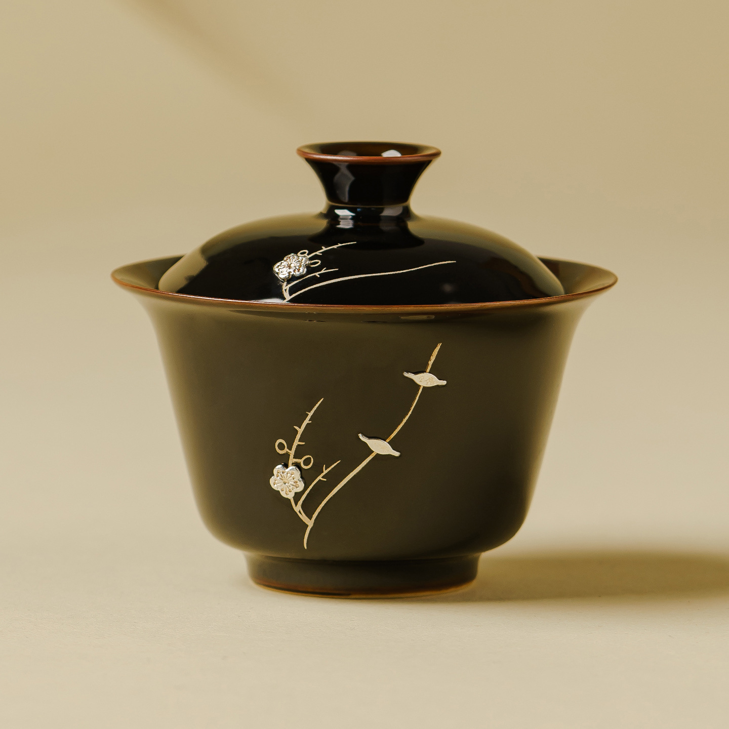 工厂黑金釉锔钉盖碗茶杯不烫手功夫茶具银彩陶瓷茶碗带盖喝茶杯子
