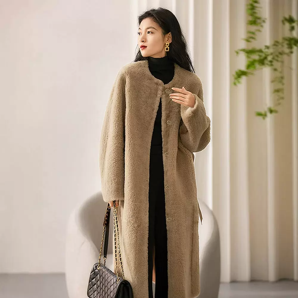 100%羊毛时尚羊剪绒大衣女秋冬新款颗粒羊羔毛皮草外套厂家批发