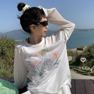 [Official Picture Bamboo Rib 140g] Flower Printed Loose Sun Protection Blouse Thin T-Shirt Women's Top Nshm