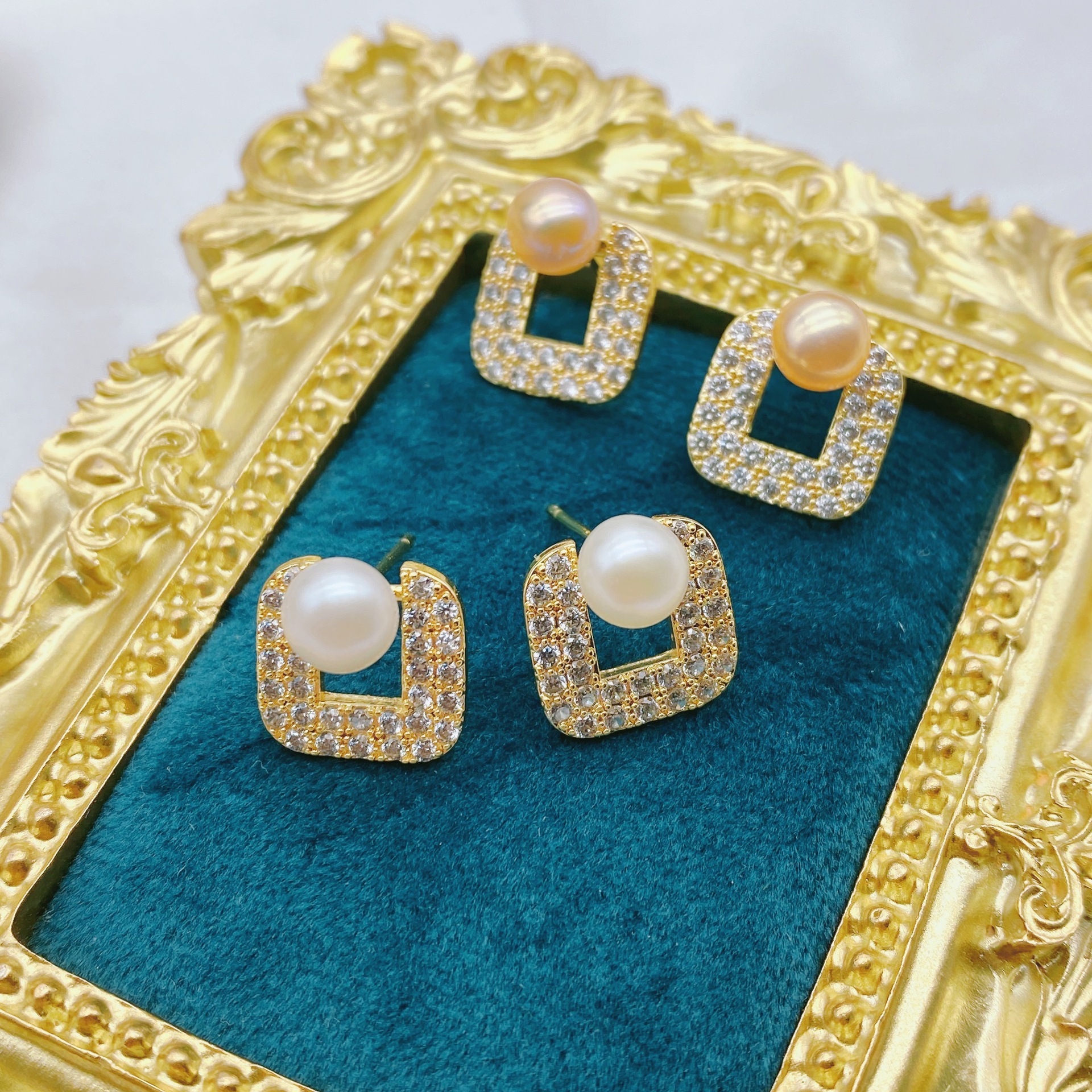 925 Gold-Plated Square Pearl Earrings with a High-End Feel, New French Style, Elegant Retro Light Luxury Niche Earrings
