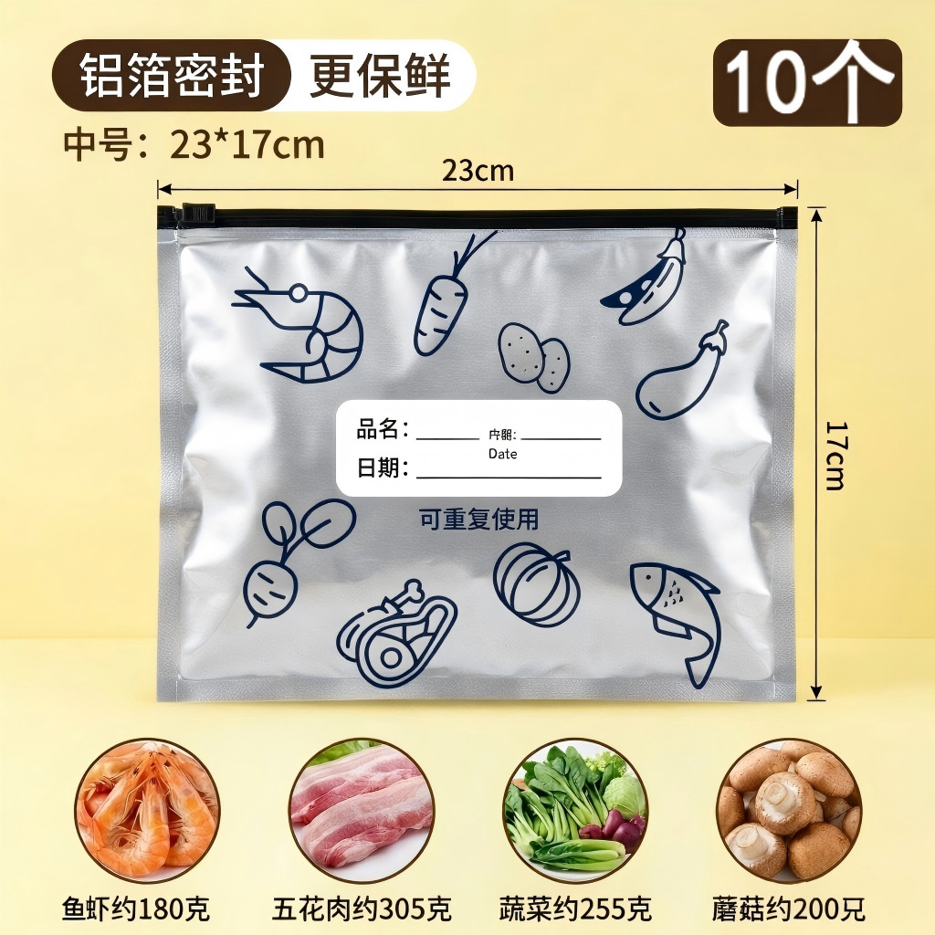 Bolsa de sellado de aluminio tipo cremallera para almacenamiento de alimentos congelados en refrigerador