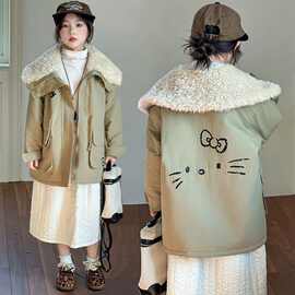 女童毛绒翻领派克服2025秋装新款儿童宽松保暖棉服多口袋秋冬外套