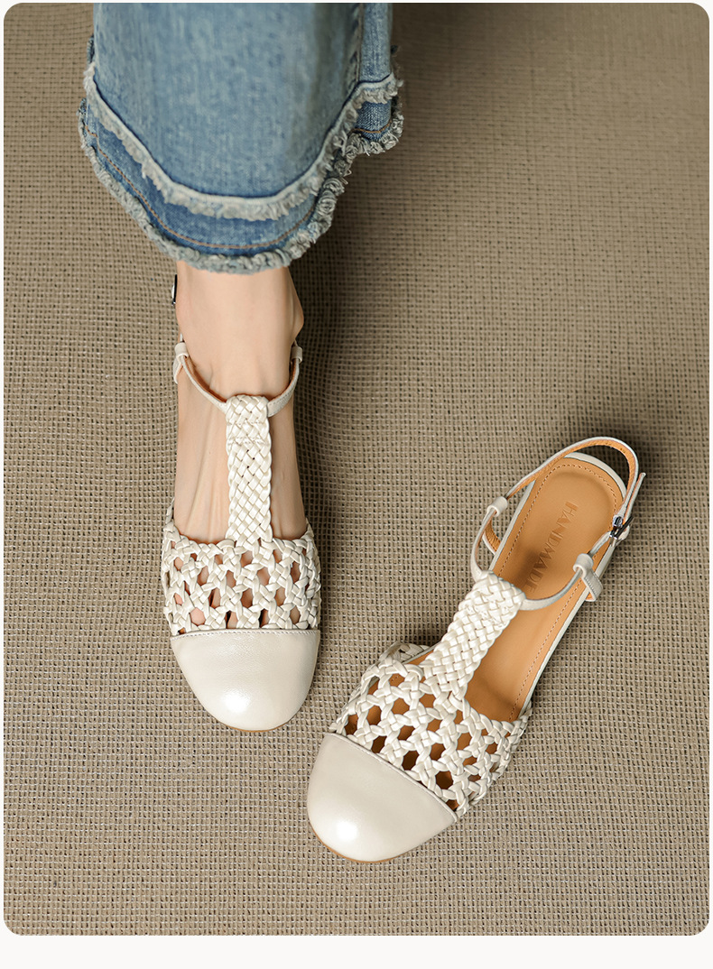 Sandal nữ quai ngang gót thô 5 cm, dây đan kiểu La Mã — màu nâu chi tiết 10