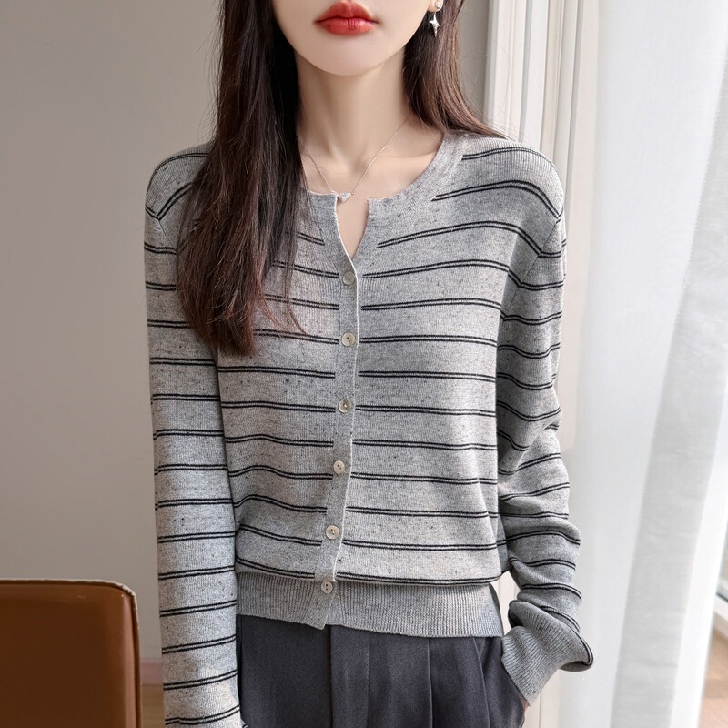 2026 Spring and Autumn New Fine Wool V-Neck Knitted Cardigan Long Sleeve Women's Color Block Striped Polka Dot Loose Top