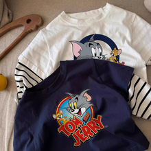 跨境外贸纯棉儿童t恤长袖条纹假两件动漫卡通百搭打底衫上衣春秋