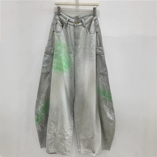 美式街头风做旧扎染工装牛仔裤女 宽松阔腿垂感字母涂鸦弯刀裤