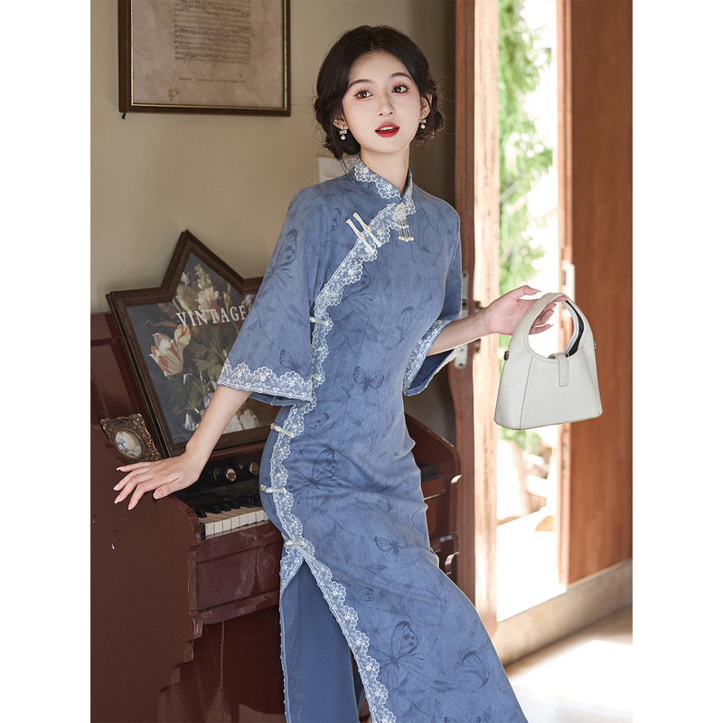 Blue Cheongsam 2025 New Autumn Suede Retro Inverted Large Sleeve Improved Young Style Women's New Chinese Dress