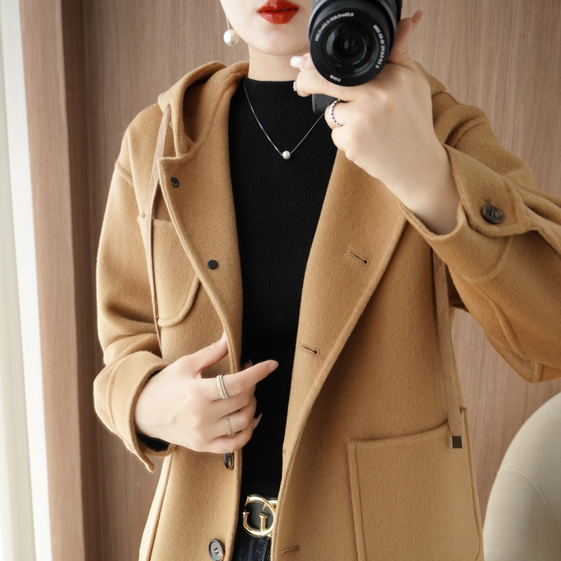 Short Hooded Double-sided Wool Coat Multi-pocket Single-breasted Casual Fashion Simple Commuter Workplace Coat for Women