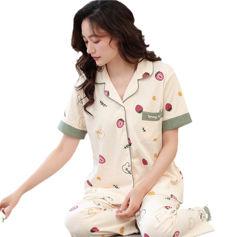 Pajamas de algodón de dos caras para mujeres de verano coreanas pantalones de manga corta, cardigan grande, ropa para el hogar juvenil