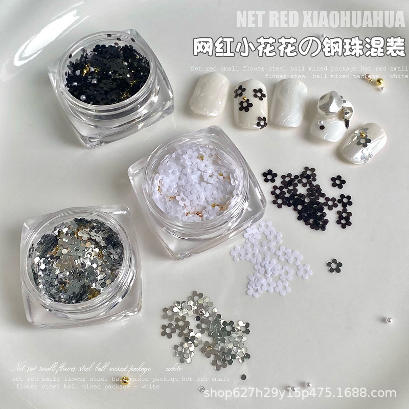 Net red five petals small flower nail art diamond black and white flower nail decoration mixed steel ball nail art small jewelry wholesale