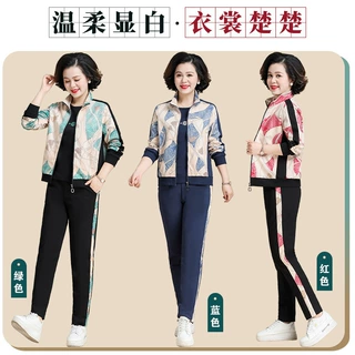 中年妈妈春秋装2021年秋季新款运动套装中老年洋气印花休闲三件套