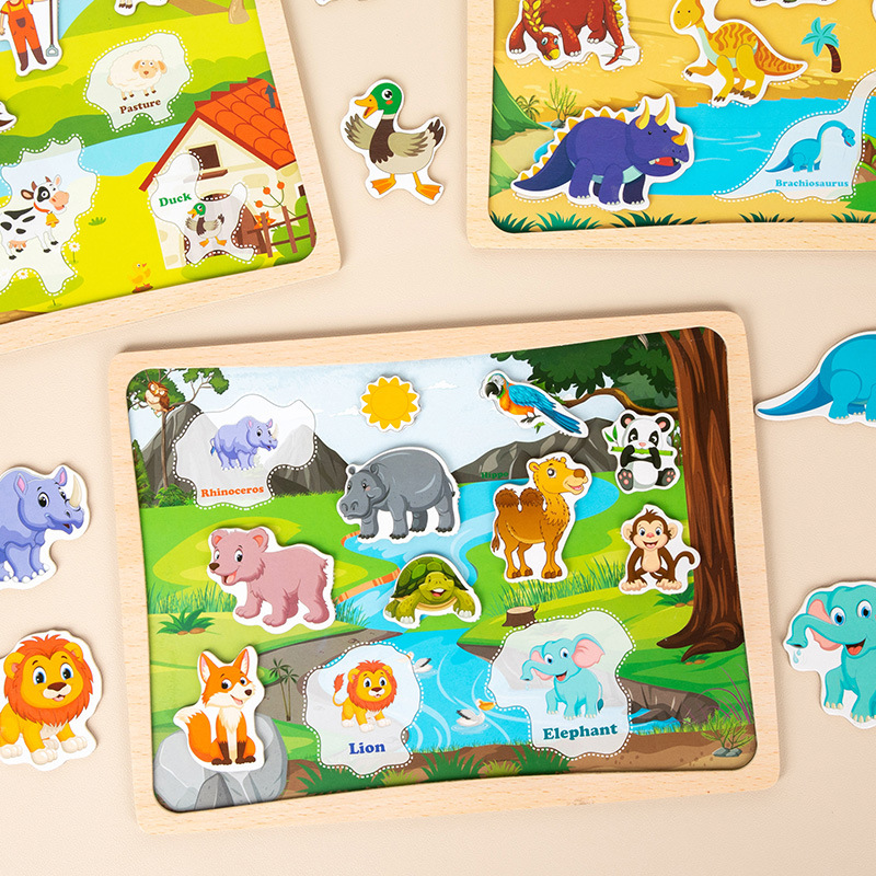 Tablero de graffiti cognitivo magnético de madera de doble cara rompecabezas números letras dinosaurios tráfico animal rompecabezas tridimensional de 3 a 6 años