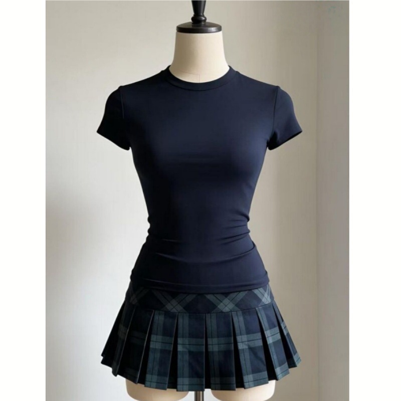 Navy Blue Slim-Fit Short-Sleeve T-Shirt for Women, Summer New Style, Tight-Fitting, Waist-Cinching, Slimming, Fitness Sports Base Shirt