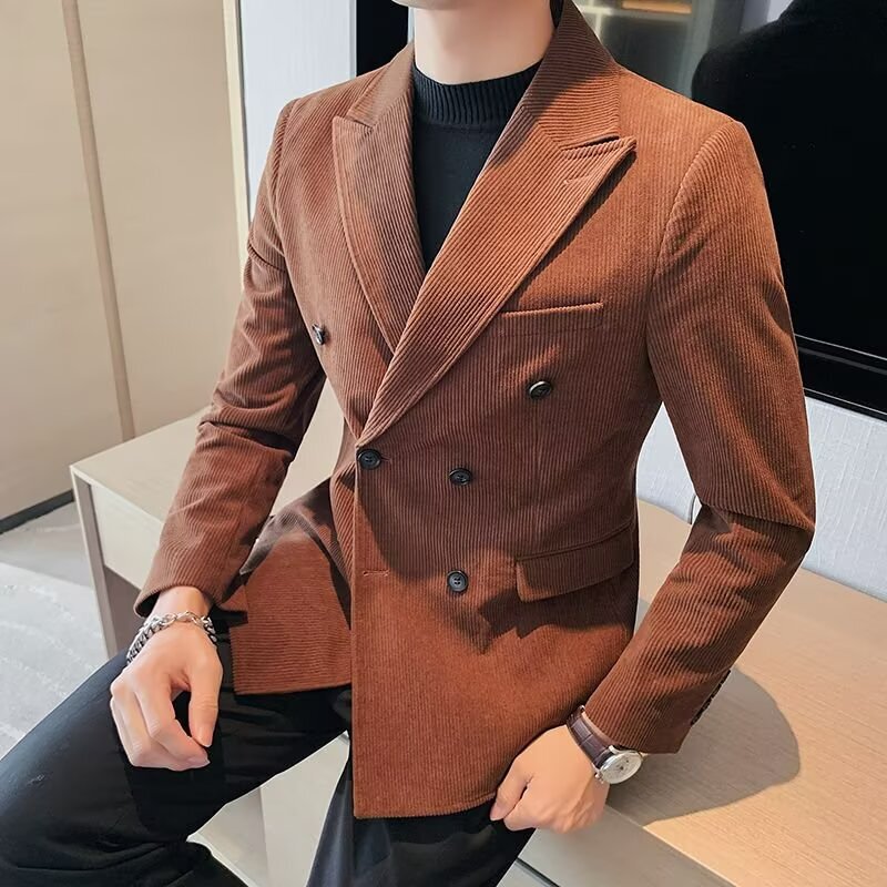 Corduroy Double-Breasted Casual Blazer for Men, Autumn and Winter Thickened Suit Jacket, Mature Style, Slim Fit, Trendy Brand, High-End