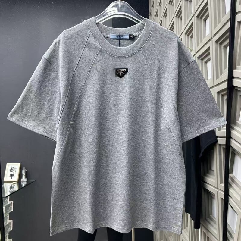 Cross-Border Foreign Trade P Brand Pujia 2025 New Model Metal Triangle Logo Embroidery Casual Loose Short-Sleeve T-Shirt