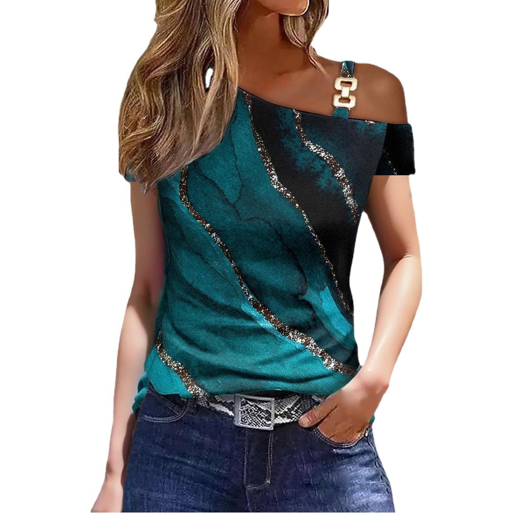 2023 estación independiente deseo Amazon popular verano simple manga corta hebilla de metal impreso camiseta superior ropa de mujer image 1