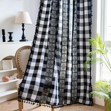 跨境亚马逊黑白格子拼接窗帘中古风国外复古个性艺术新品镂空短帘