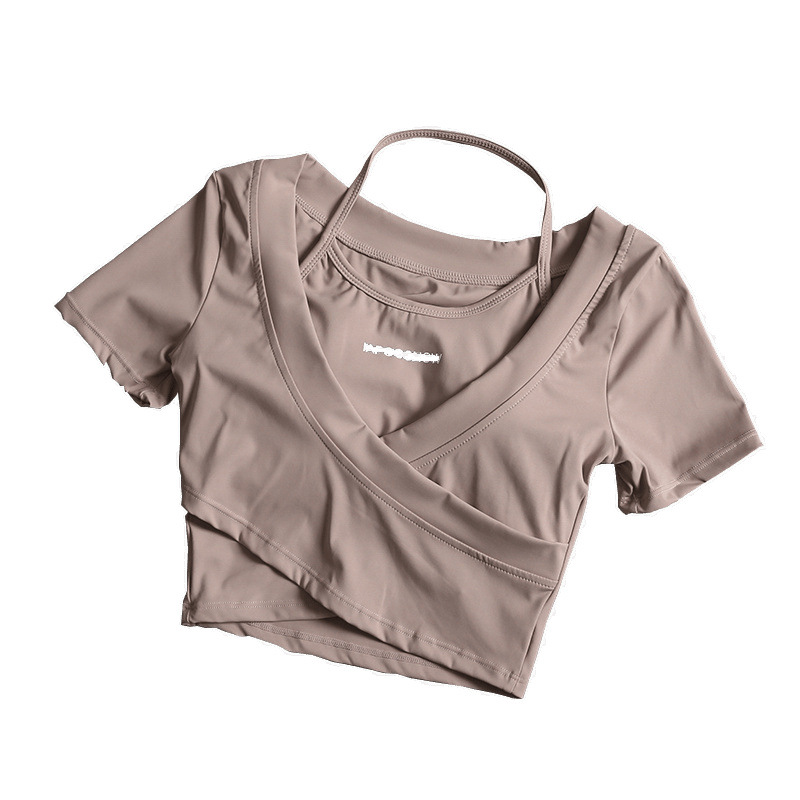 Con almohadilla para el pecho, deportes de manga corta, mujer sexy, ombligo, top falso de dos piezas, entrenamiento para correr, ropa de yoga, camiseta al por mayor