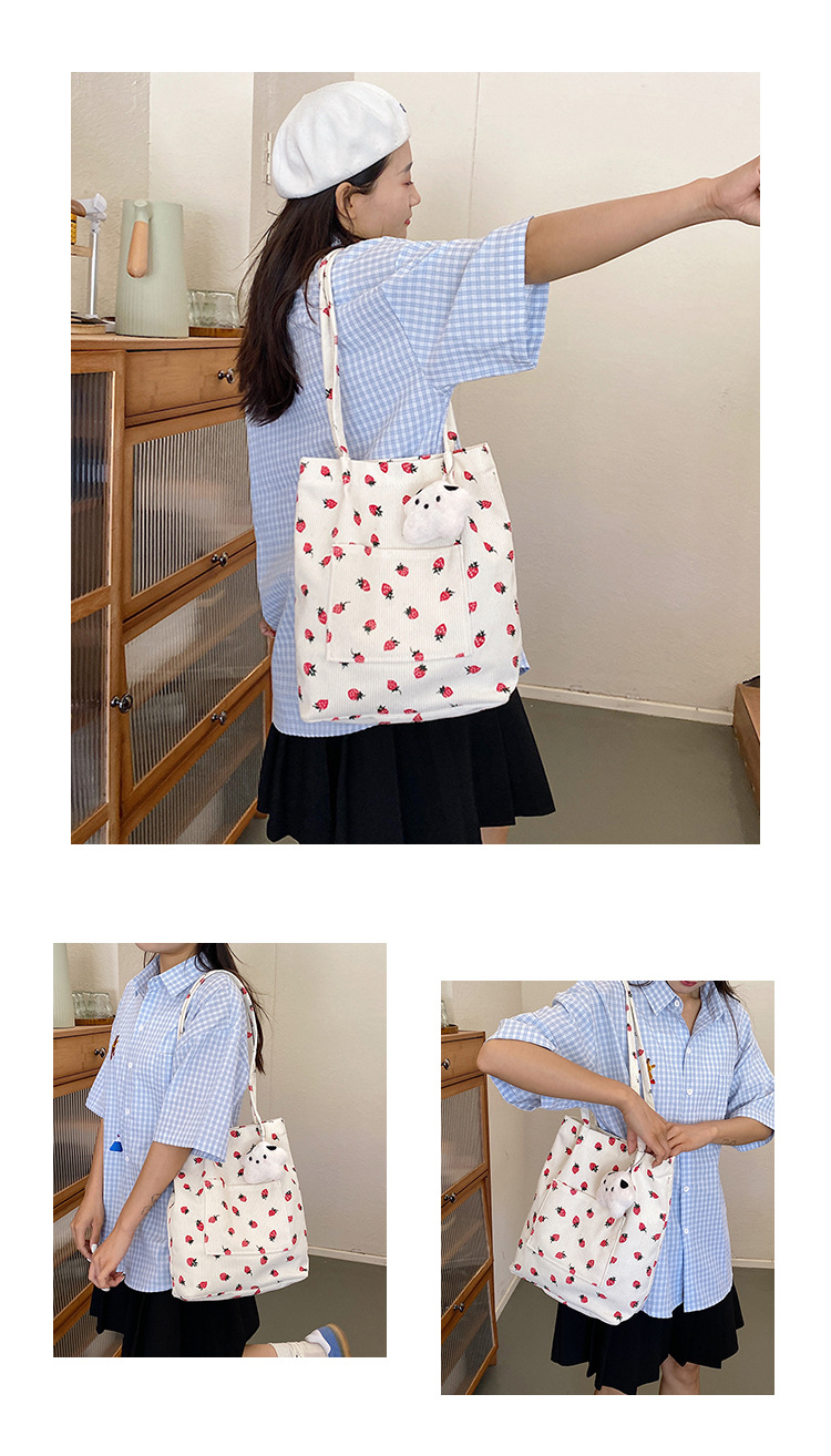 375g Weight Polyester Lining Material Magnetic Buckle Closure Type Double Shoulder Straps Strap Type Bucket Bag Bags Type Holiday, Daily Occasion Corduroy Material Strawberry Pattern Spring&Summer Season Women's Gender Cute Style Square Shape Medium Size Women's Medium Corduroy Strawberry Cute Square Magnetic Buckle Bucket Bag 14