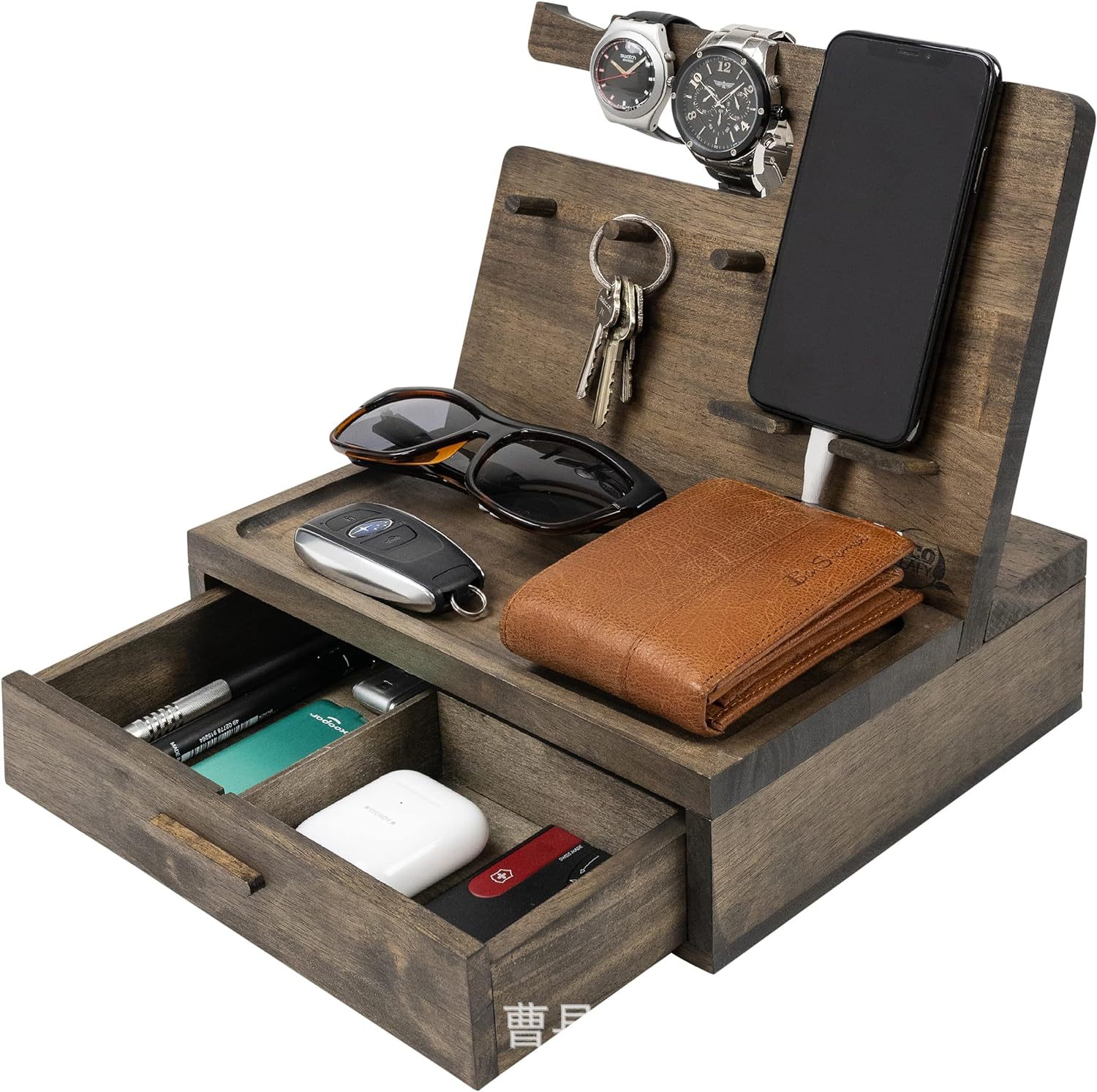 Nuevo soporte de escritorio de madera maciza para teléfono móvil de madera Soporte de almacenamiento de reloj para auriculares multiusos Soporte de carga para teléfono móvil de madera maciza