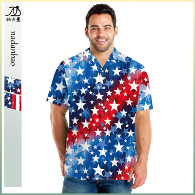 [2025新品欧美时尚男装独立日服装条纹星星数码印花衬衣休闲衬衫男]