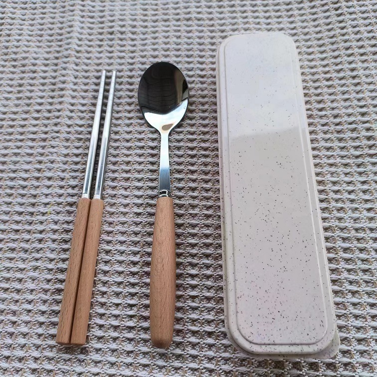 나무 손잡이 밥 상자 + 둥근 숟가락 젓가락