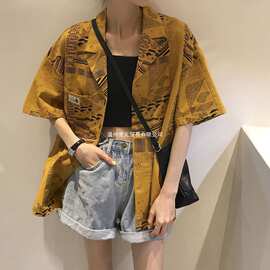 港风衬衫女短袖夏季新款复古bf宽松外穿小众印花衬衣外套薄款上衣