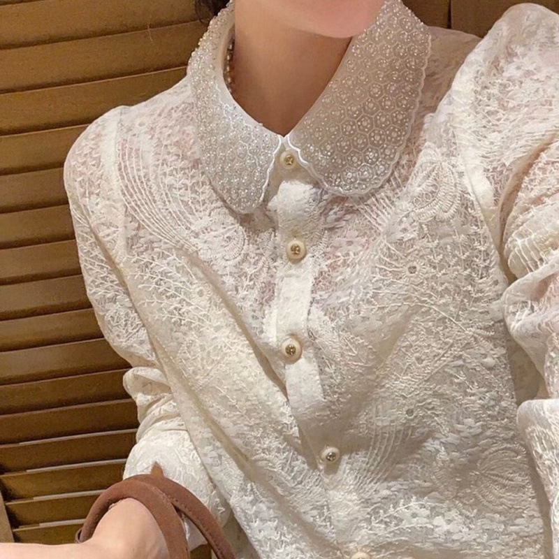 Lapel Long-Sleeve Sweet Lace Spring 2025 Shirt New Style Elegant Heavy-Duty Top Slim Fit Base Layer