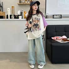 女童短袖套装夏款2025新款洋气女孩大童纯棉t恤儿童牛仔裤两件套