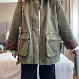 美式复古翻领工装牛仔外套女秋季新款大码百搭遮肉显瘦夹克上衣潮