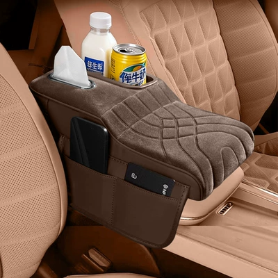 Cup Holder Tissue Box, Armrest box - colored-cup-velvet-style-mocha-brown-storage-bag-tissue-box