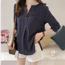 圆领条纹衬衫小个子女2024夏季新款韩版七分袖上衣宽松休闲衬衣