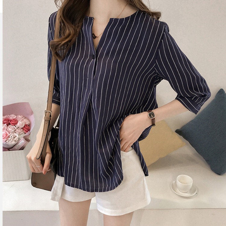 圆领条纹衬衫小个子女2024夏季新款韩版七分袖上衣宽松休闲衬衣